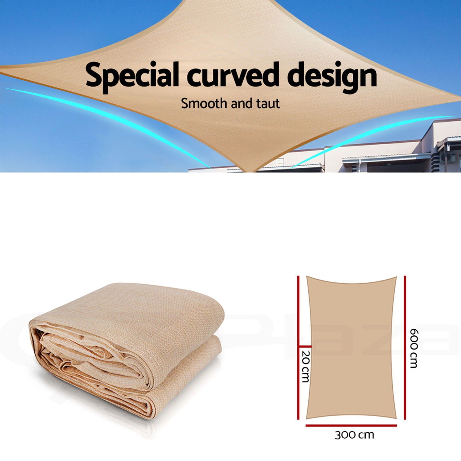 Instahut Shade Sail 3x6m Rectangle 185GSM 95% Sand Shade Cloth