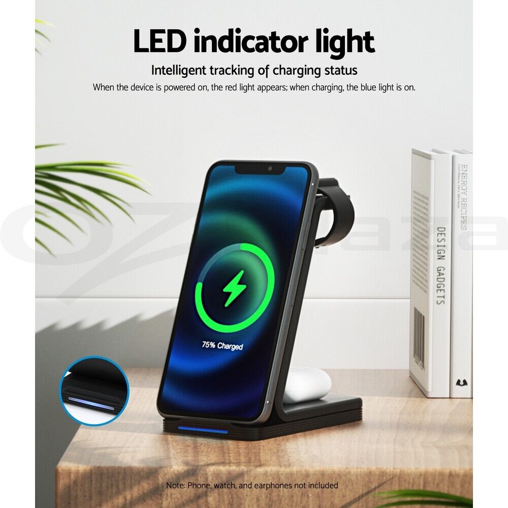 Devanti 3 in 1 Wireless Charger Holder 15W Fast Charging for Phone Airpod Watch