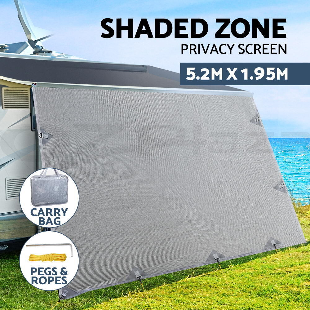 Caravan Privacy Screen Roll Out Awning 5.2x1.95M End Wall Side Sun Shade Grey