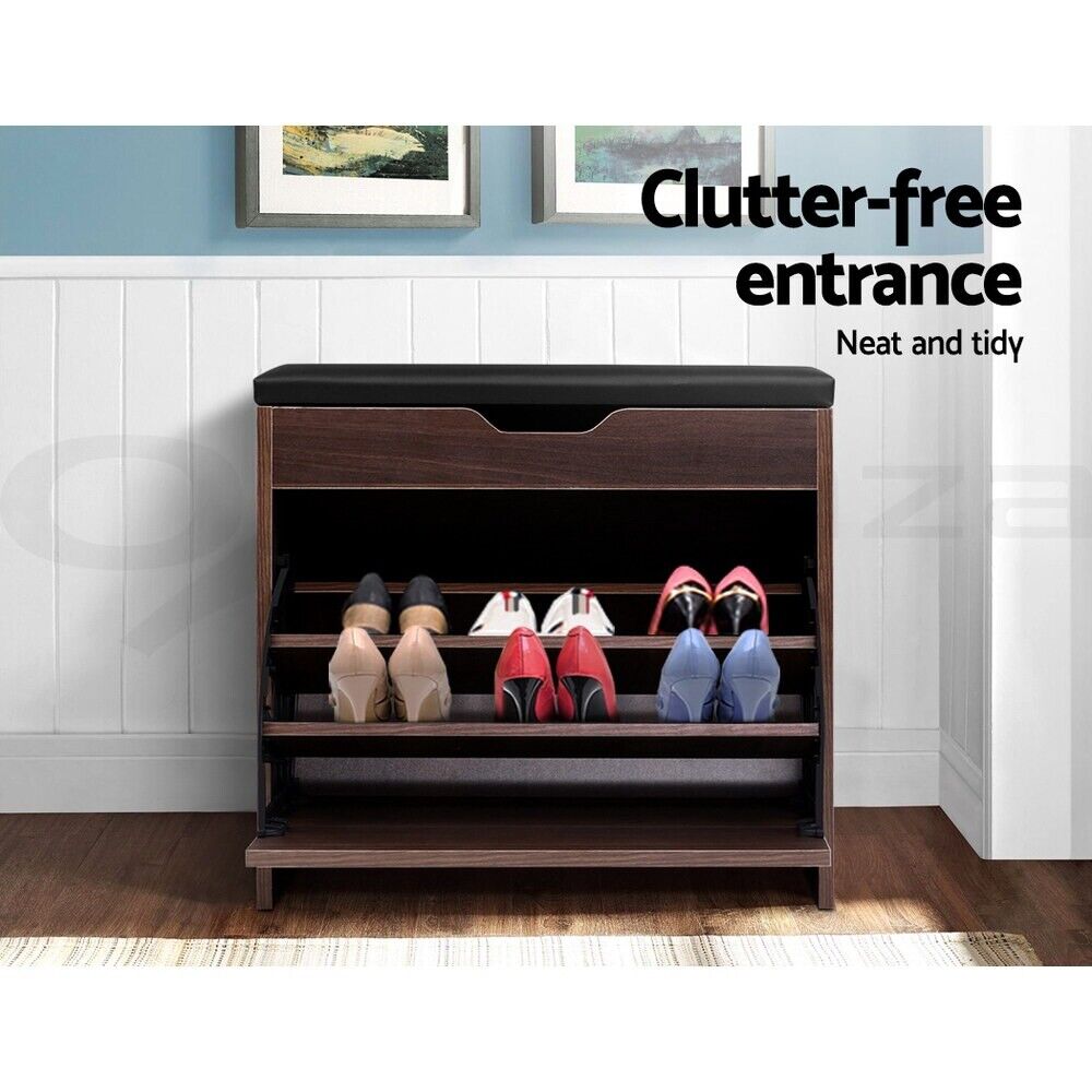 Artiss Shoe Rack Cabinet Bench 3-tier 15 Pairs Walnut