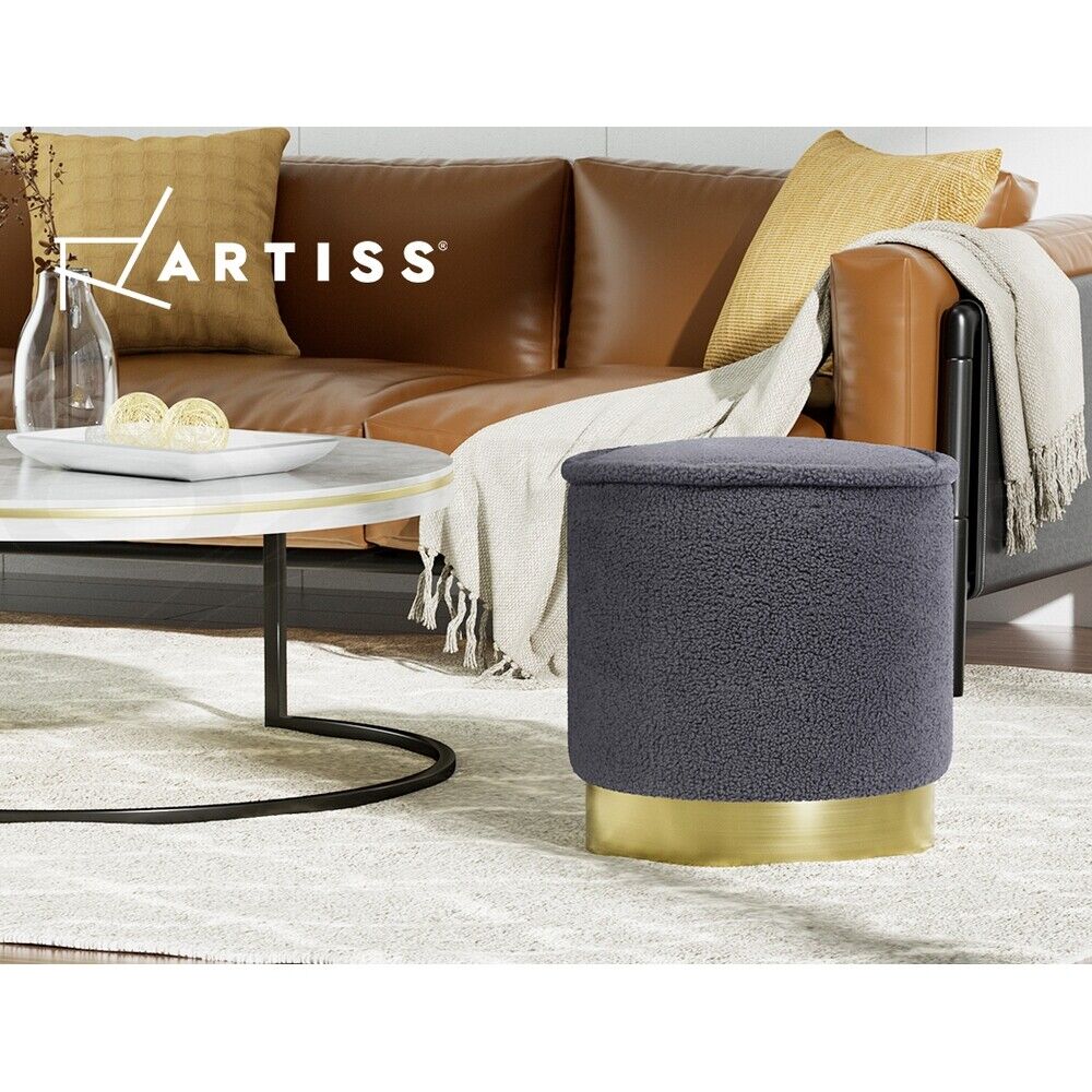 Artiss Ottoman Foot Stool Round Teddy Fabric Charcoal