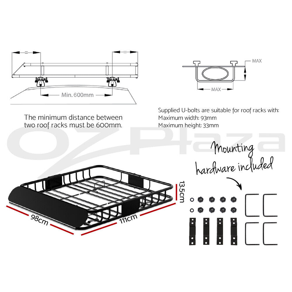Giantz Universal Car Roof Rack Basket Luggage Vehicle Cargo Carrier 111cm Black