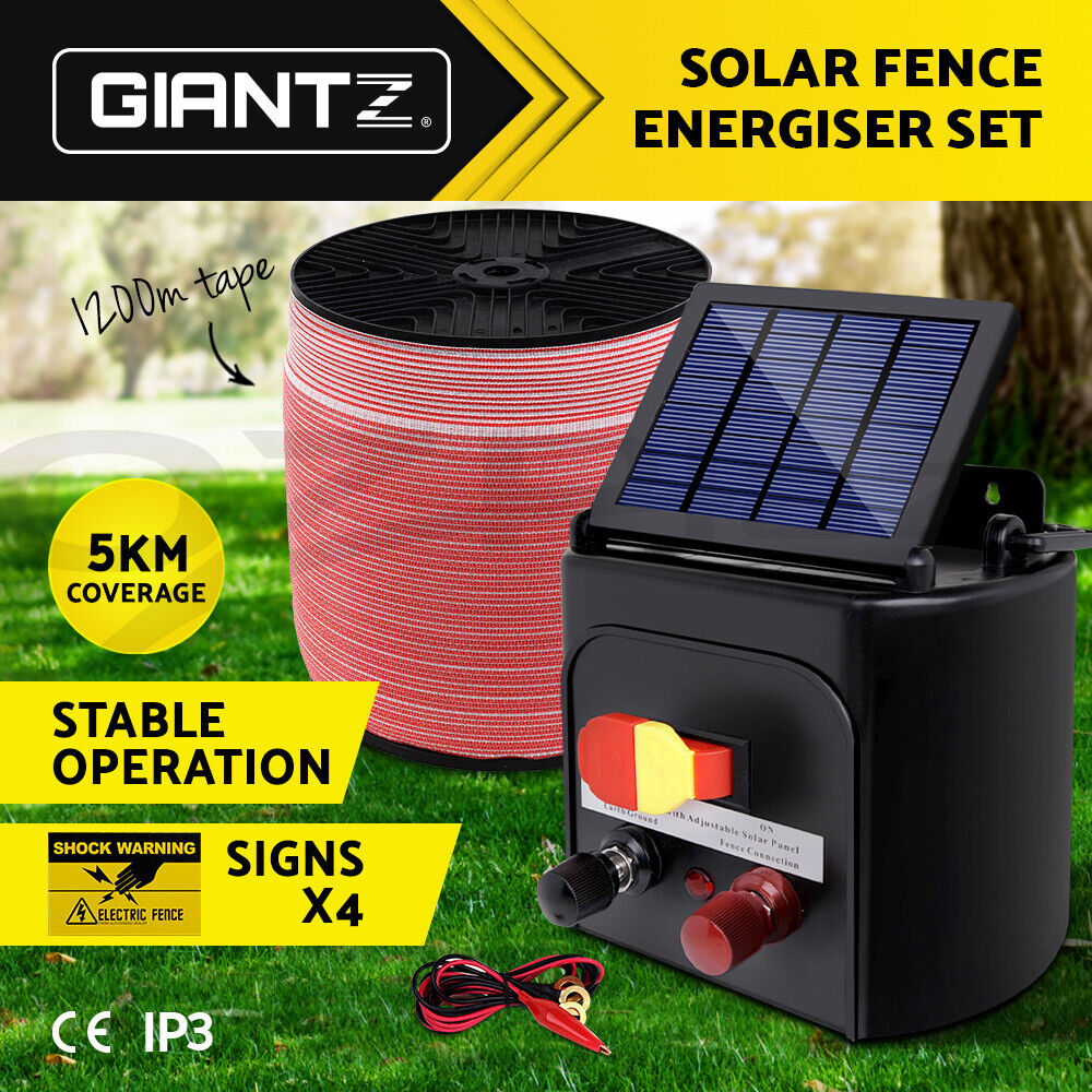 Giantz Fence Energiser 5KM Solar Powered Electric 1200M Poly Tape