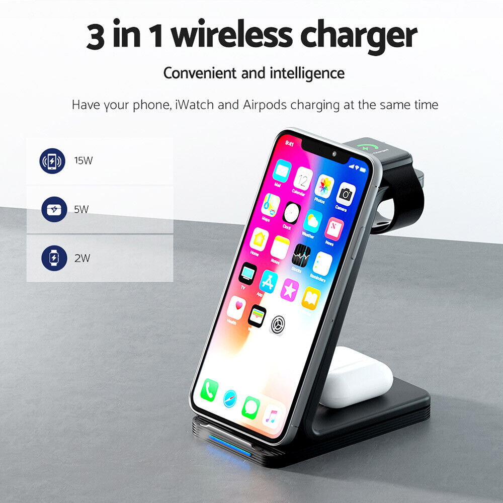 Devanti 3 in 1 Wireless Charger Holder 15W Fast Charging for Phone Airpod Watch