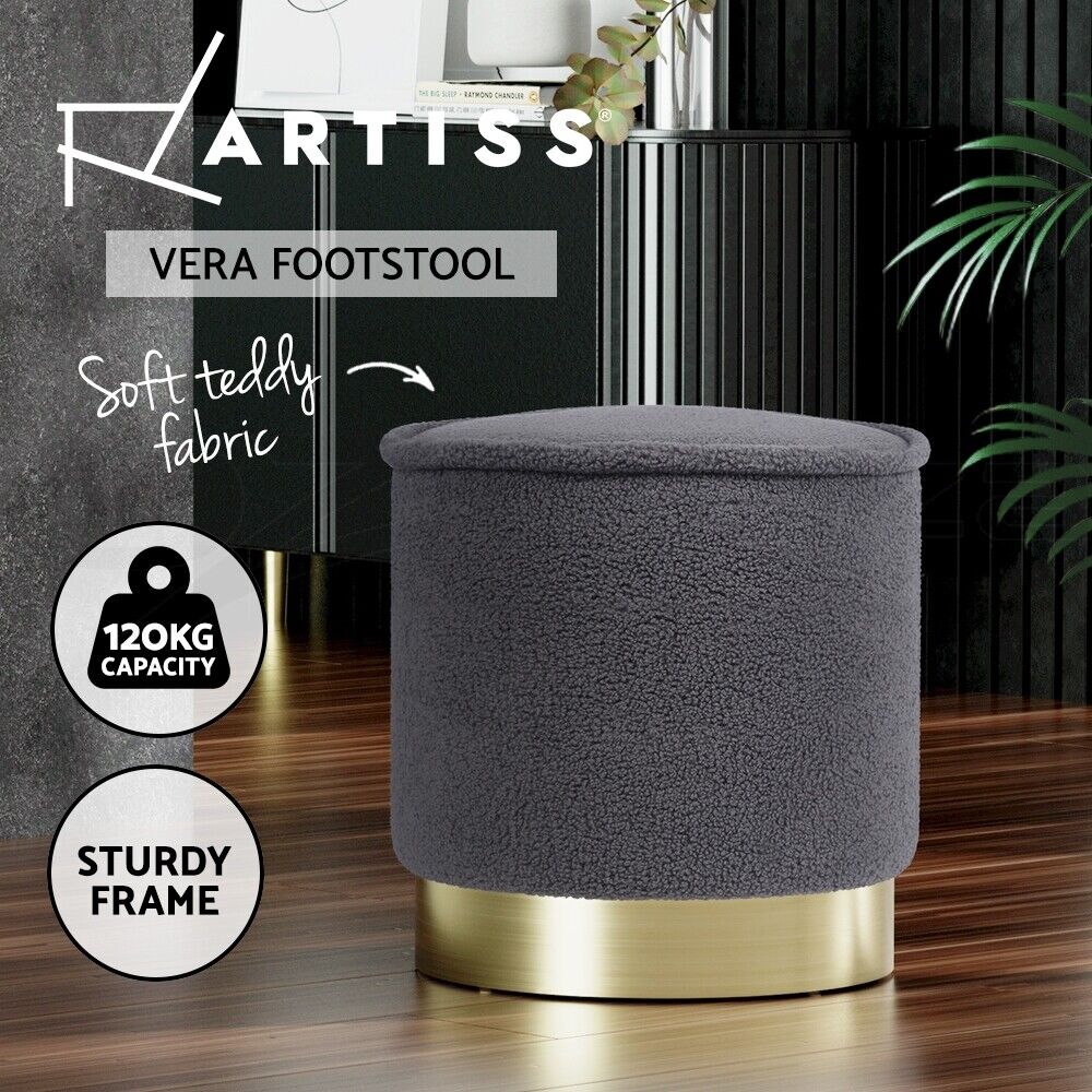 Artiss Ottoman Foot Stool Round Teddy Fabric Charcoal