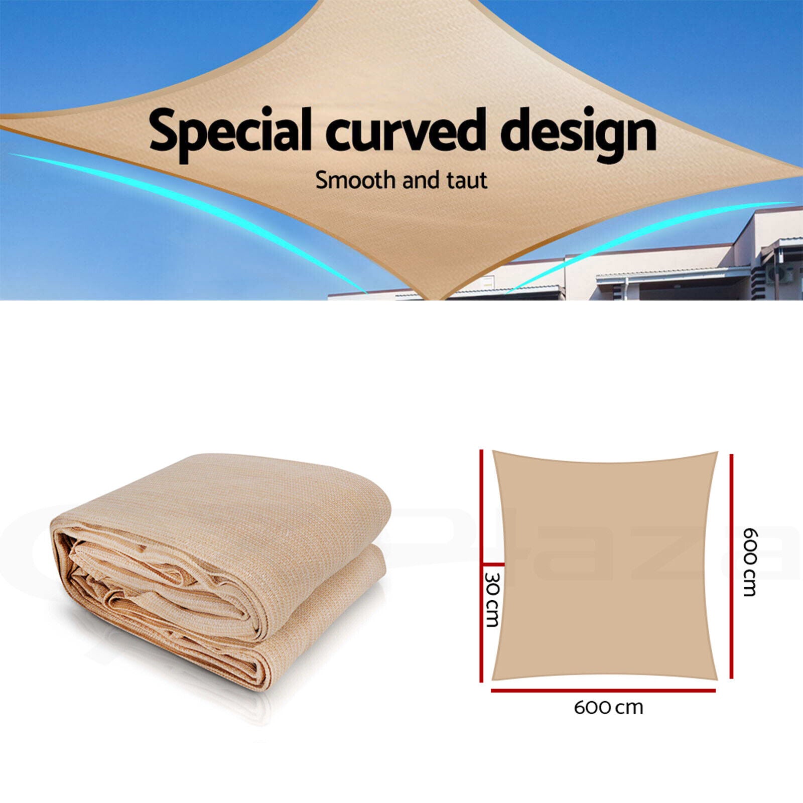 Instahut Shade Sail 6x6m Rectangle 185GSM 95% Sand Shade Cloth