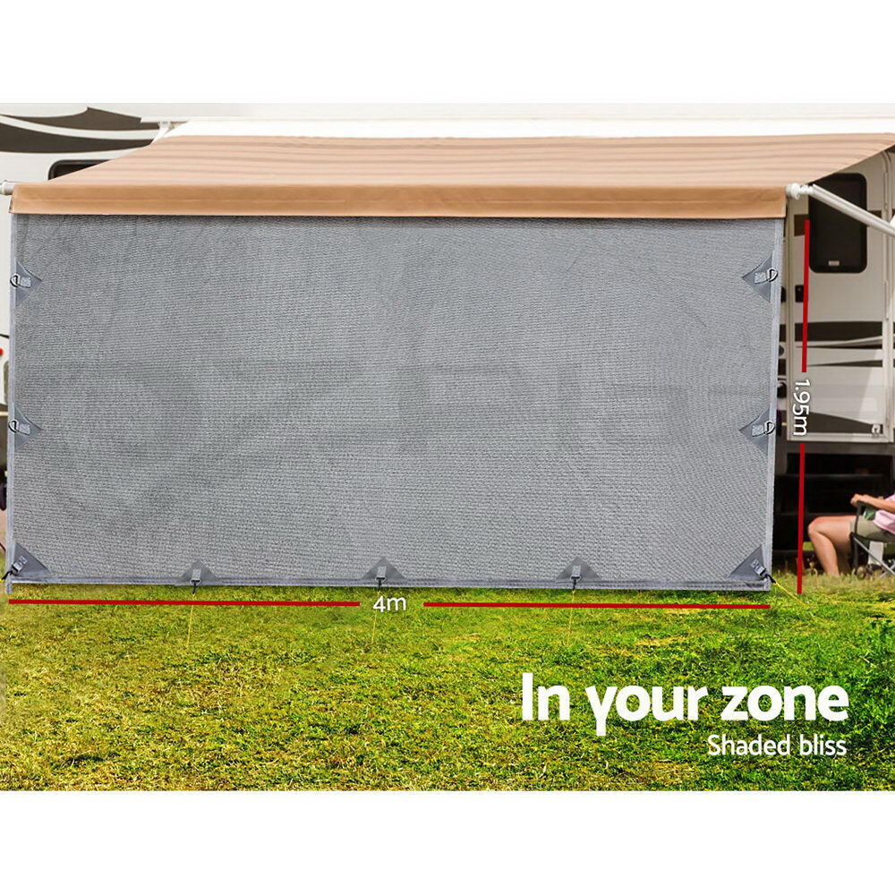 Caravan Privacy Screen Roll Out Awning 4Mx1.95M End Wall Side Sun Shade Grey