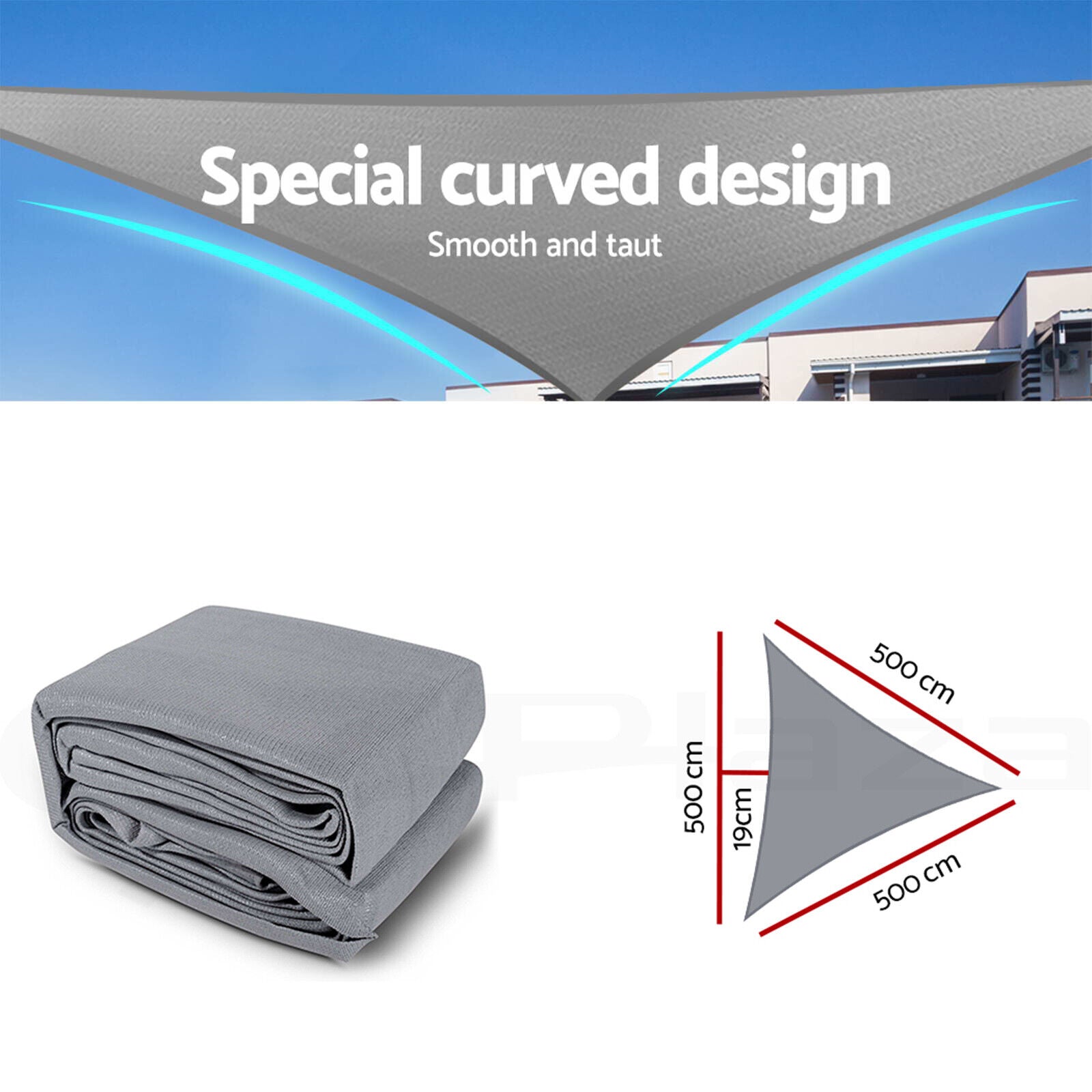Instahut Shade Sail 5x5x5m Triangle 280GSM 98% Grey Shade Cloth