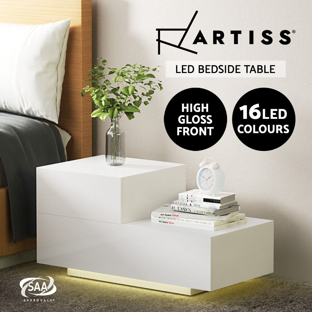 Artiss Bedside Tables LED 2 Drawers - REMI White