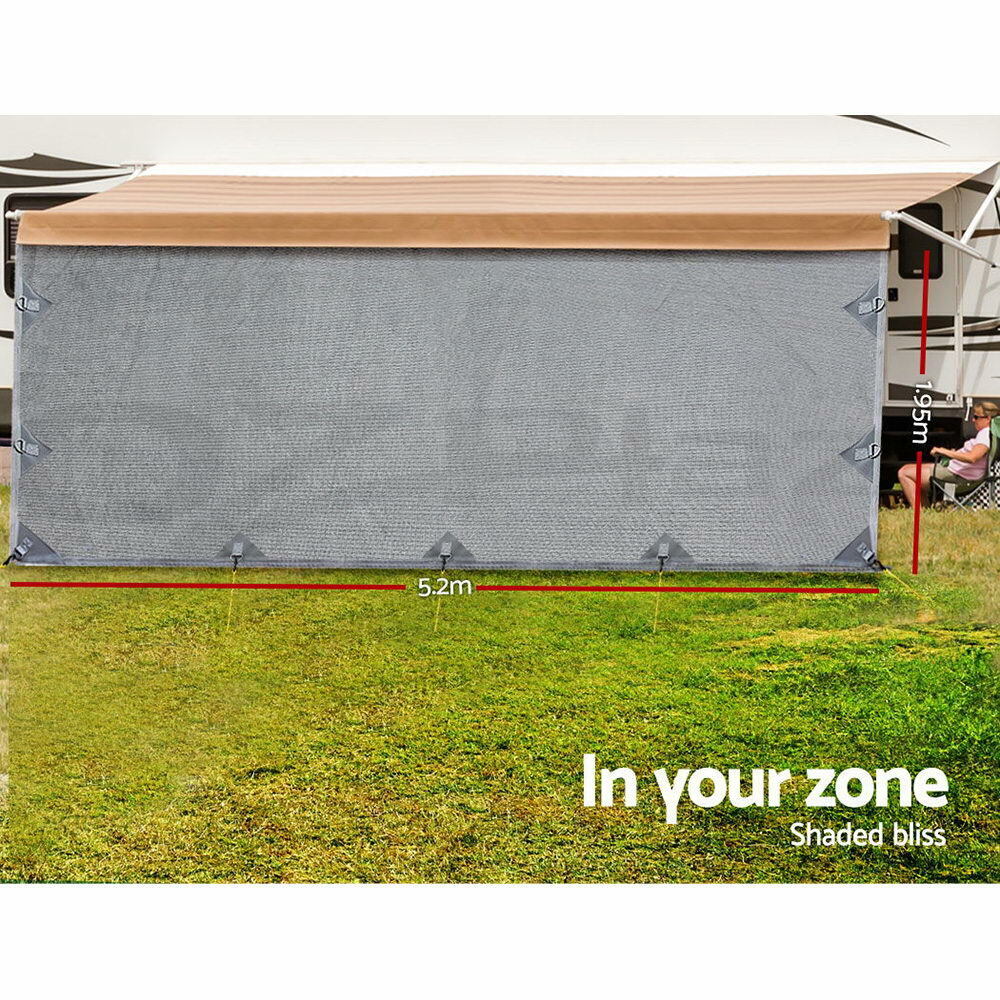 Caravan Privacy Screen Roll Out Awning 5.2x1.95M End Wall Side Sun Shade Grey