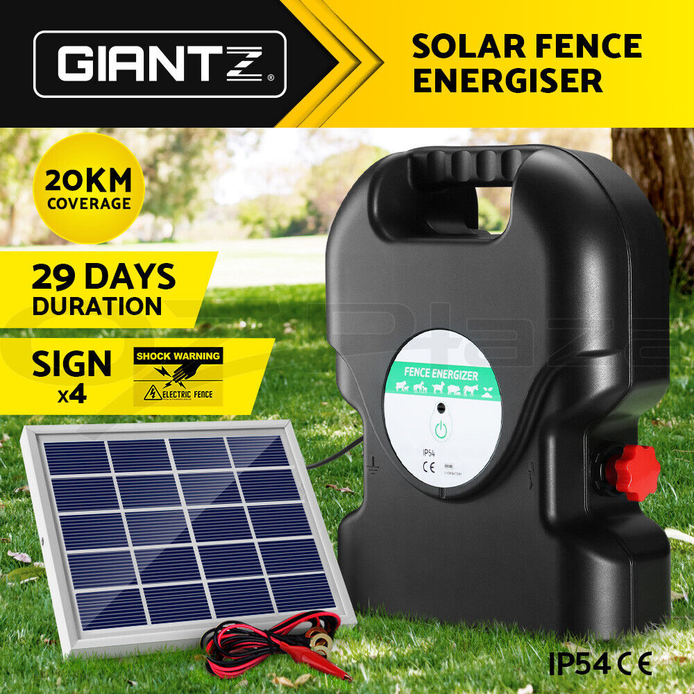 Giantz Fence Energiser 20KM Solar Powered 1.2J Electric