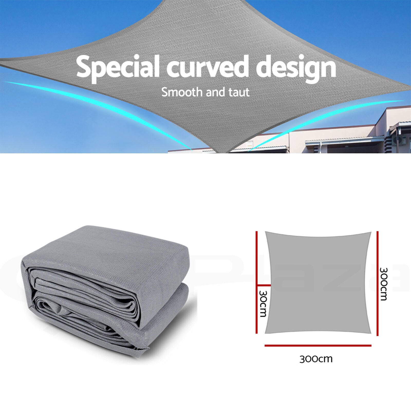 Instahut Shade Sail 3x3m Square 280GSM 98% Grey Shade Cloth
