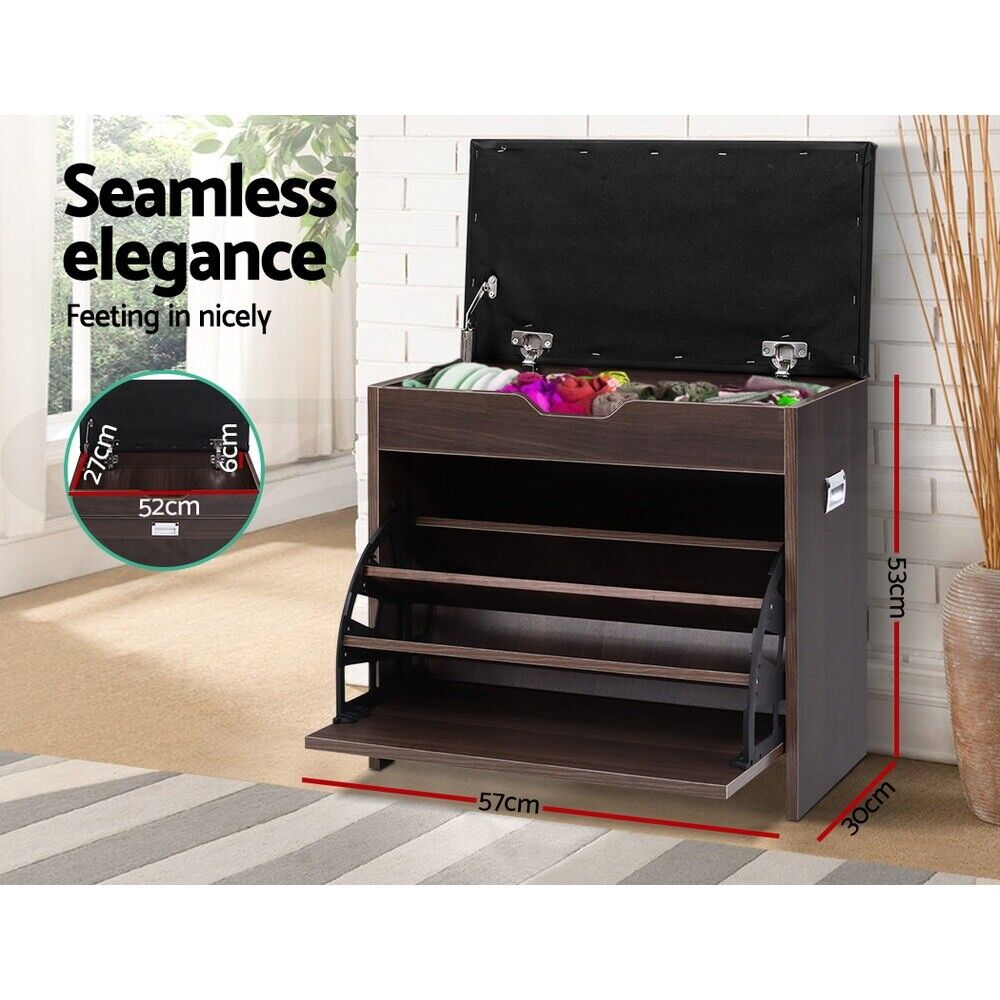 Artiss Shoe Rack Cabinet Bench 3-tier 15 Pairs Walnut