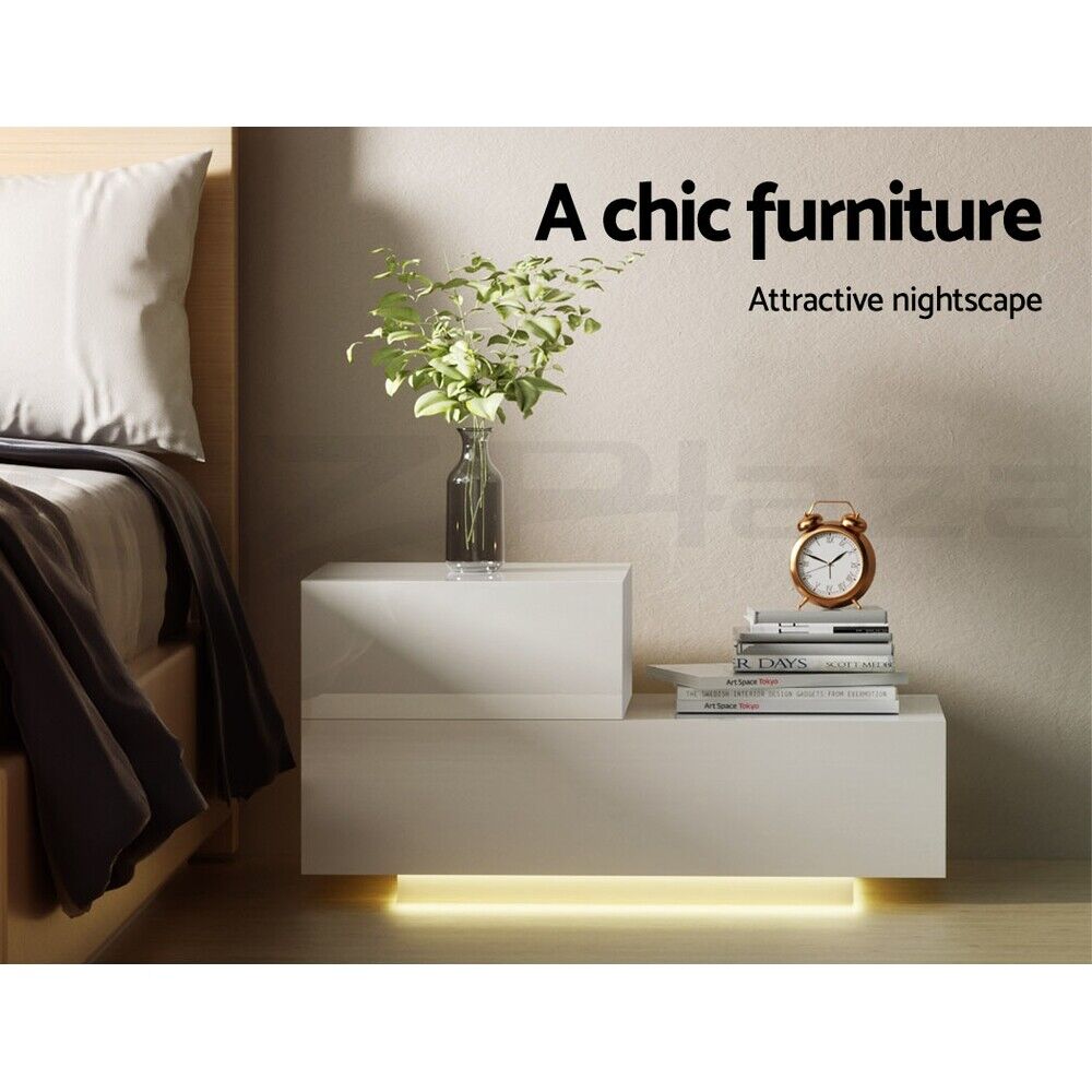 Artiss Bedside Tables LED 2 Drawers - REMI White