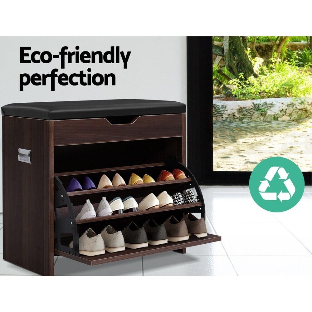 Artiss Shoe Rack Cabinet Bench 3-tier 15 Pairs Walnut