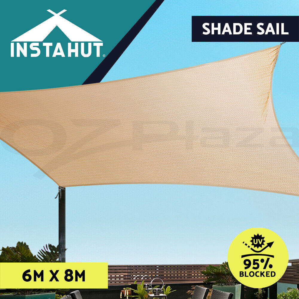 Instahut Shade Sail 6x8m Rectangle 185GSM 95% Sand Shade Cloth