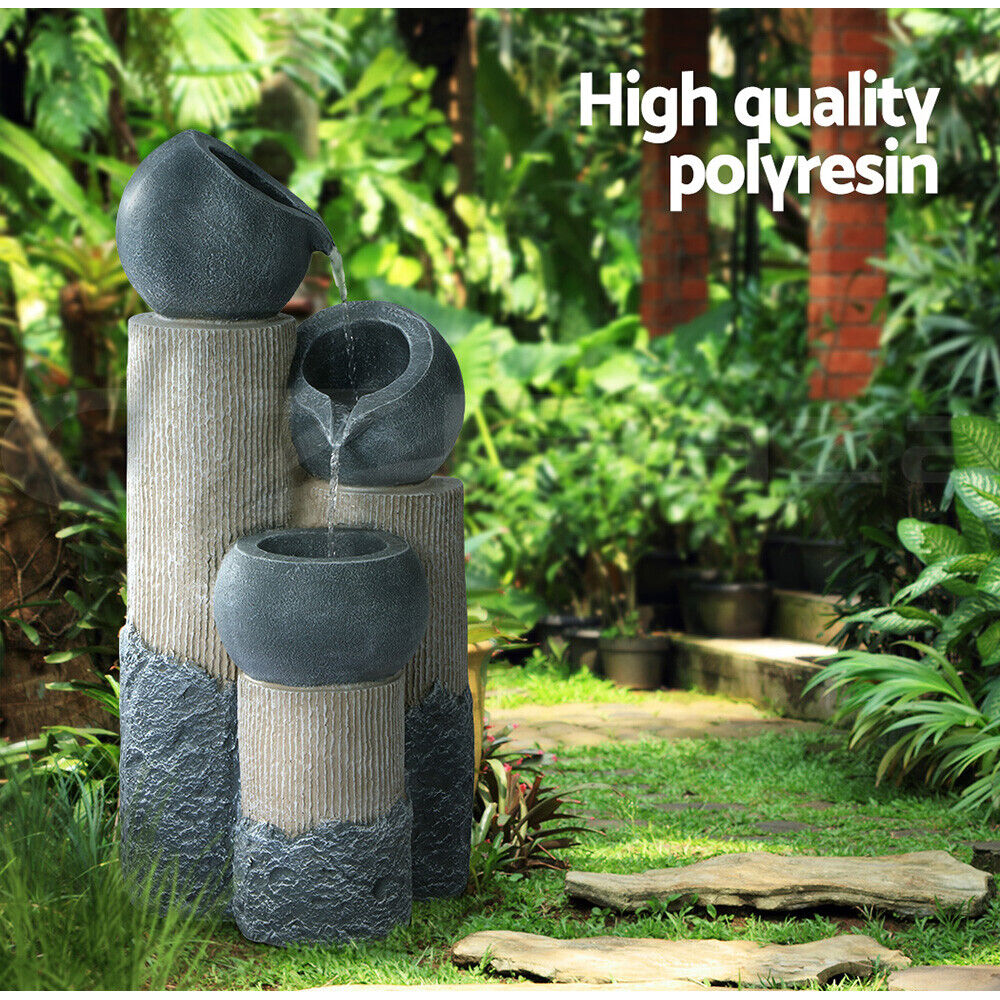 Gardeon Solar Water Feature Cascading Fountain 3-Tier Pot LED Lights 76CM Grey