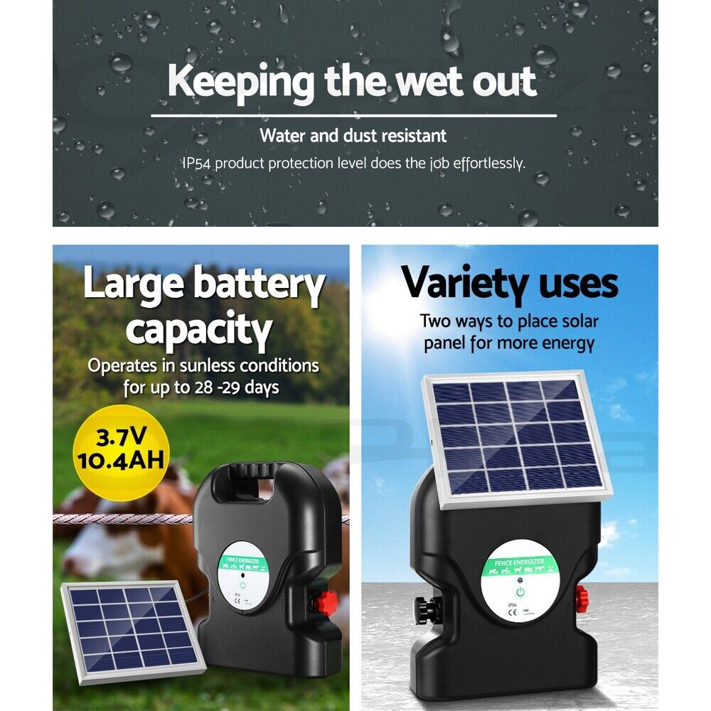 Giantz Fence Energiser 20KM Solar Powered 1.2J Electric