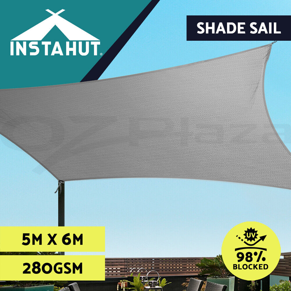 Instahut Shade Sail 5x6m Rectangle 280GSM 98% Grey Shade Cloth