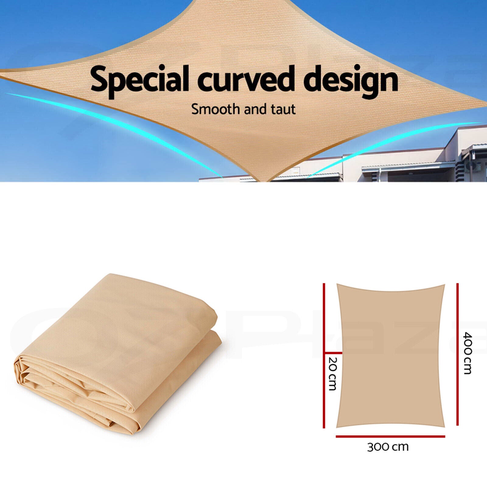 Instahut Waterproof Shade Sail 3x4m Rectangle Sand 95% Shade Cloth