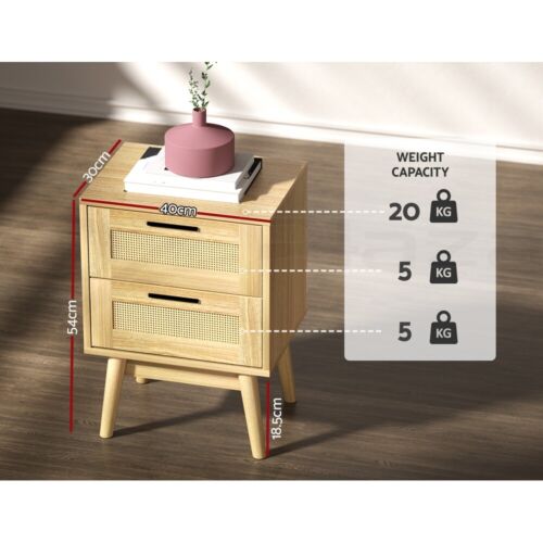 Artiss Rattan Bedside Table 2 Drawers Wood - RIE Oak