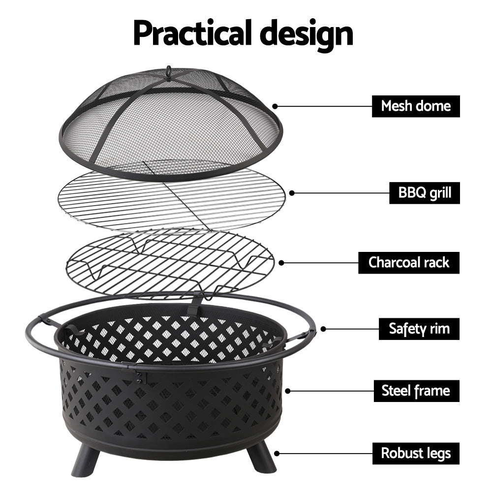 Fire Pit BBQ 2-in-1 Grill Smoker Portable Outdoor Fireplace Heater Pits 30"
