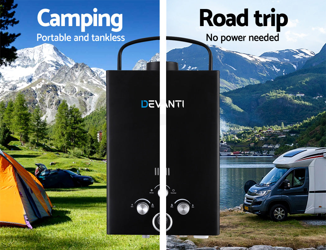 Devanti Portable Gas Water Heater 8L/Min With Pump LPG System Black