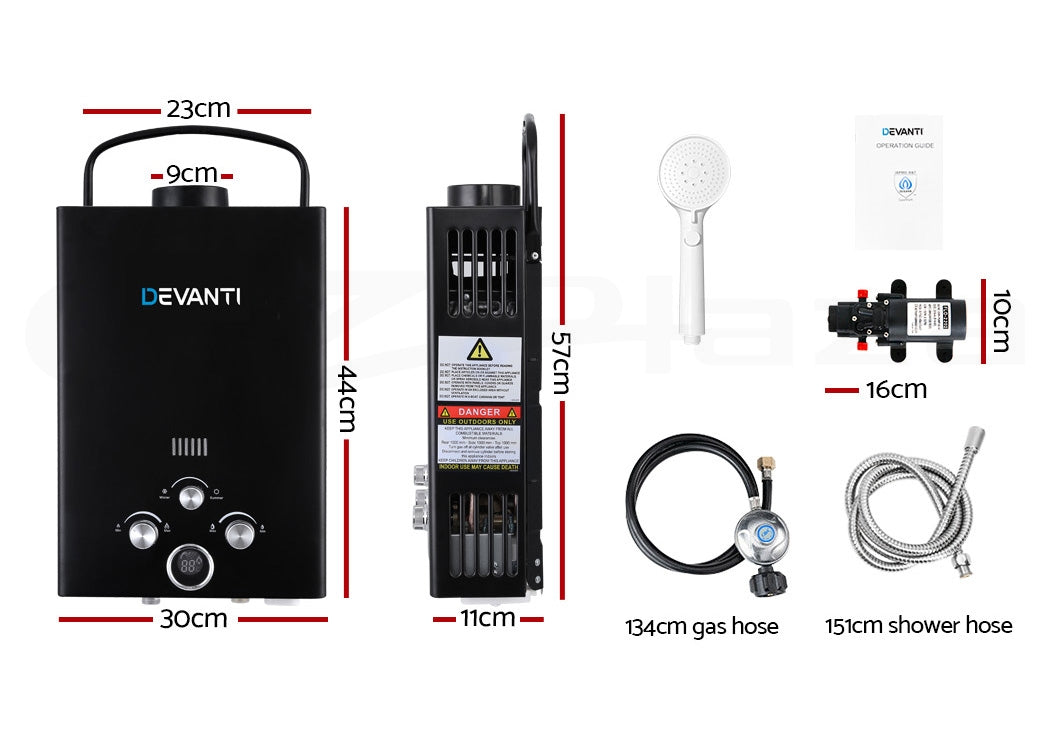 Devanti Portable Gas Water Heater 8L/Min With Pump LPG System Black