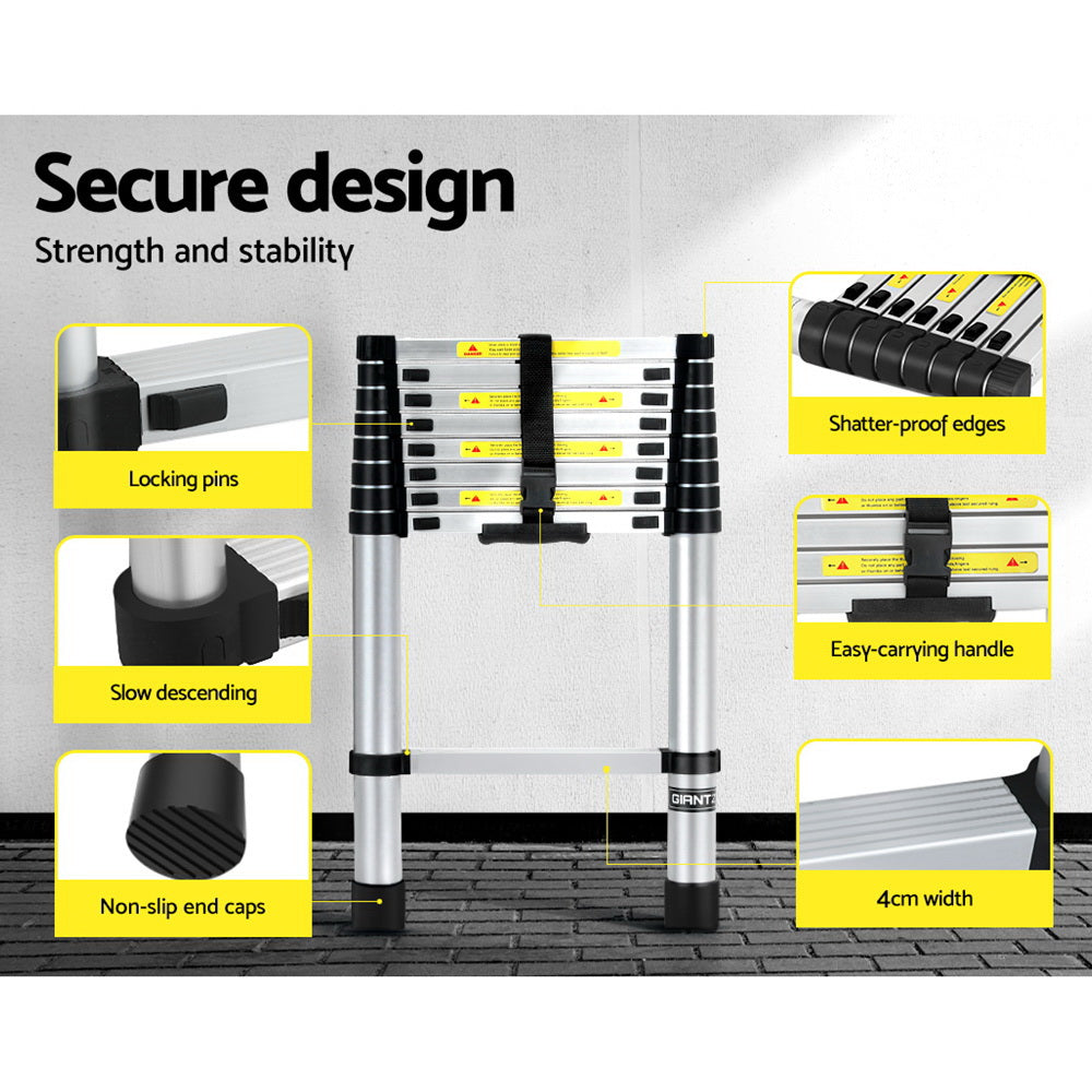 Giantz 2.6M Telescopic Ladder Aluminium Extension Extendable Steps Adjustable