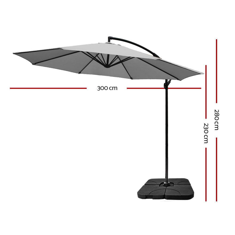 Instahut 3m Umbrella with 50cmx50cm Base Outdoor Umbrellas Cantilever Sun Stand UV Garden Grey