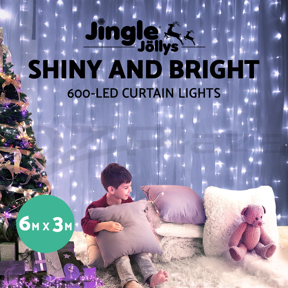 3X6M Christmas Lights Curtain Light Cool White 600 LED Jingle Jollys