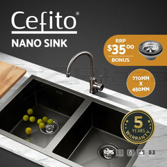 Cefito Kitchen Sink 77X45CM Stainless Steel Basin Double Bowl Black
