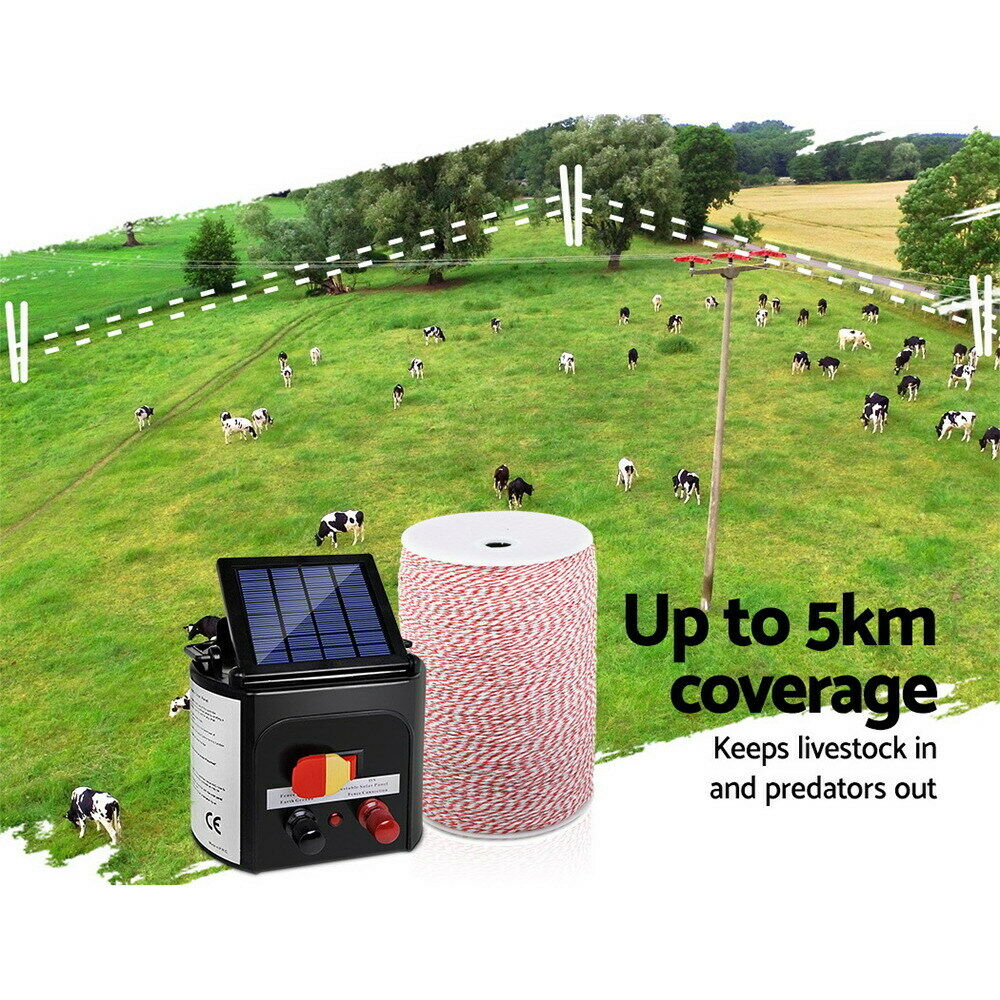 Giantz Fence Energiser 5KM Solar Powered Electric 2KM Poly Wire
