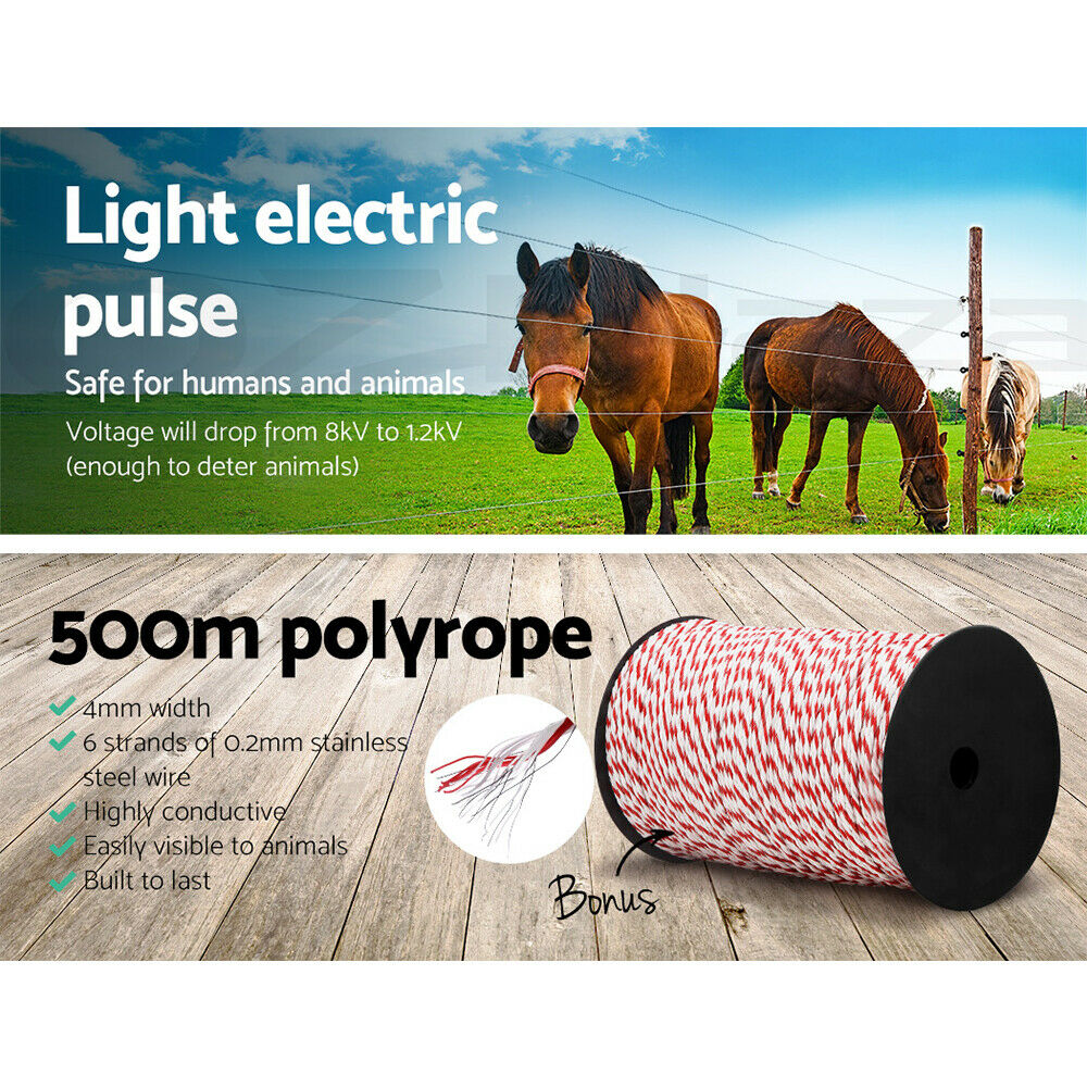 Giantz Fence Energiser 5KM Solar Powered Electric 500M Poly Rope