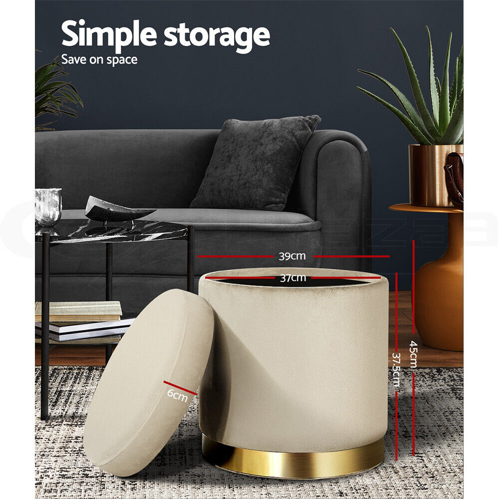 Artiss Ottoman Storage Foot Stool Round Velvet Cream