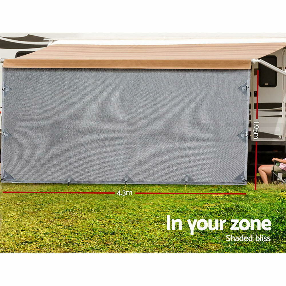 Caravan Privacy Screen Roll Out Awning 4.3X1.95M End Wall Side Sun Shade Grey