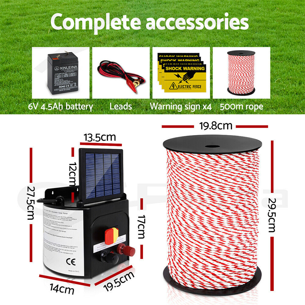 Giantz Fence Energiser 3KM Solar Powered Electric 500M Poly Rope