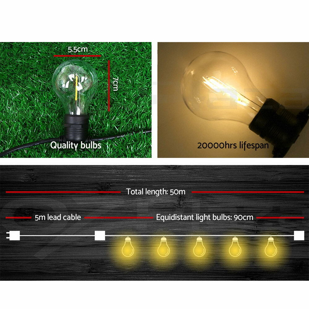 50m LED Festoon String Lights Outdoor Christmas Decorations Wedding Garden Party