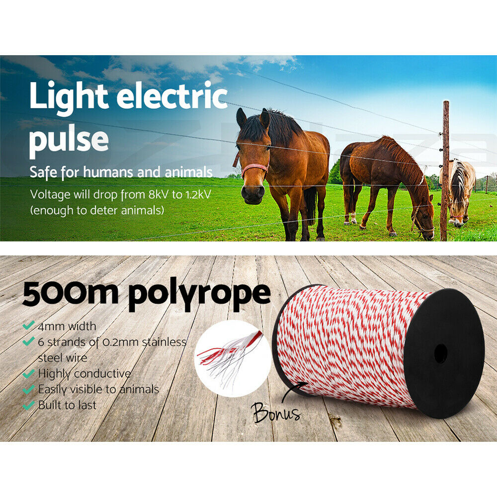 Giantz Fence Energiser 3KM Solar Powered Electric 500M Poly Rope