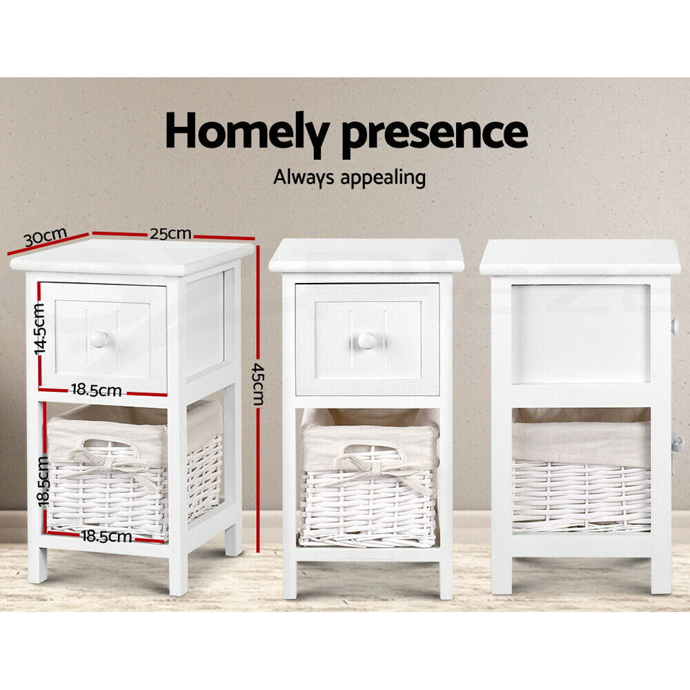 Artiss Bedside Table 1 Drawer with Basket Rustic White X2