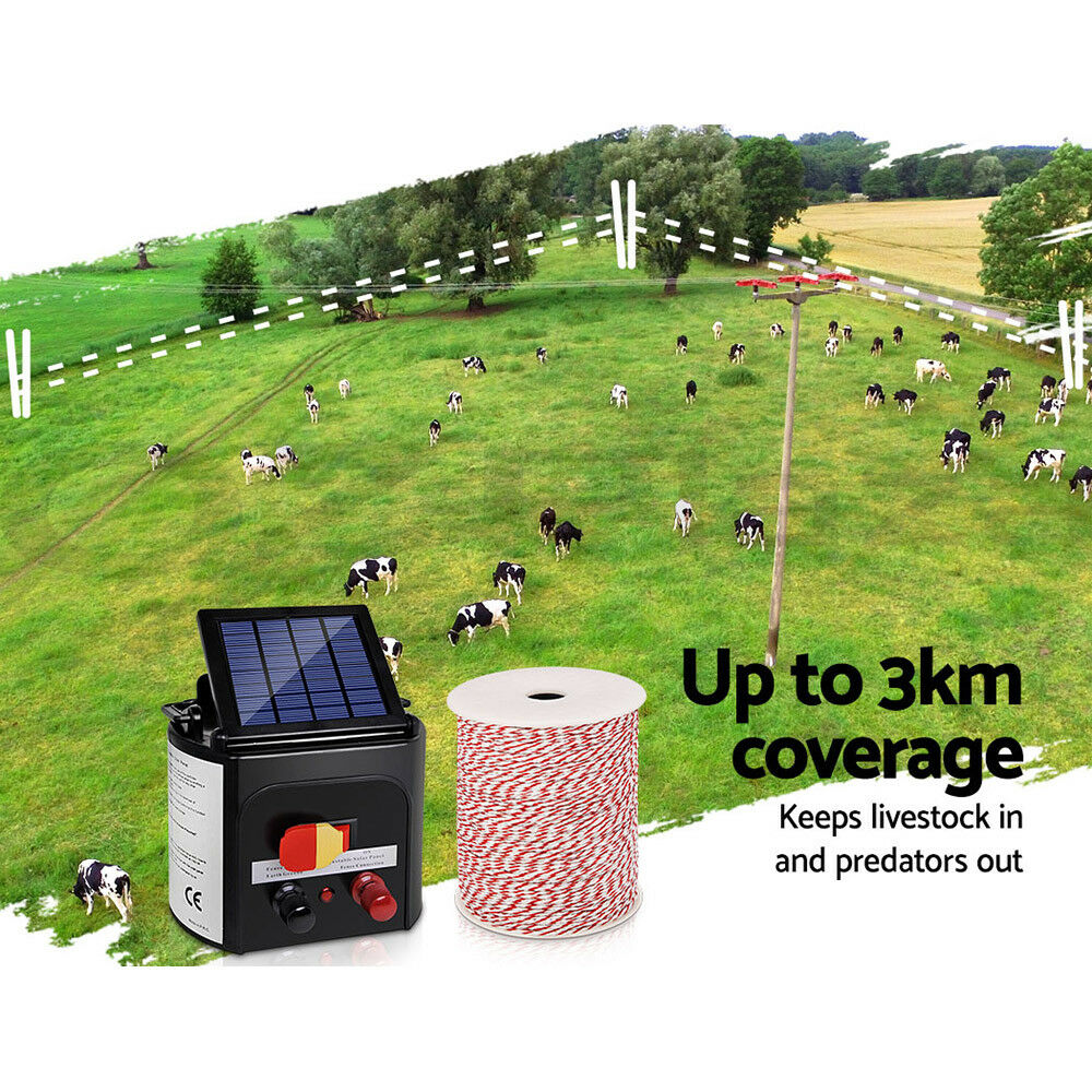 Giantz Fence Energiser 3KM Solar Powered Electric 500M Poly Wire Insulator