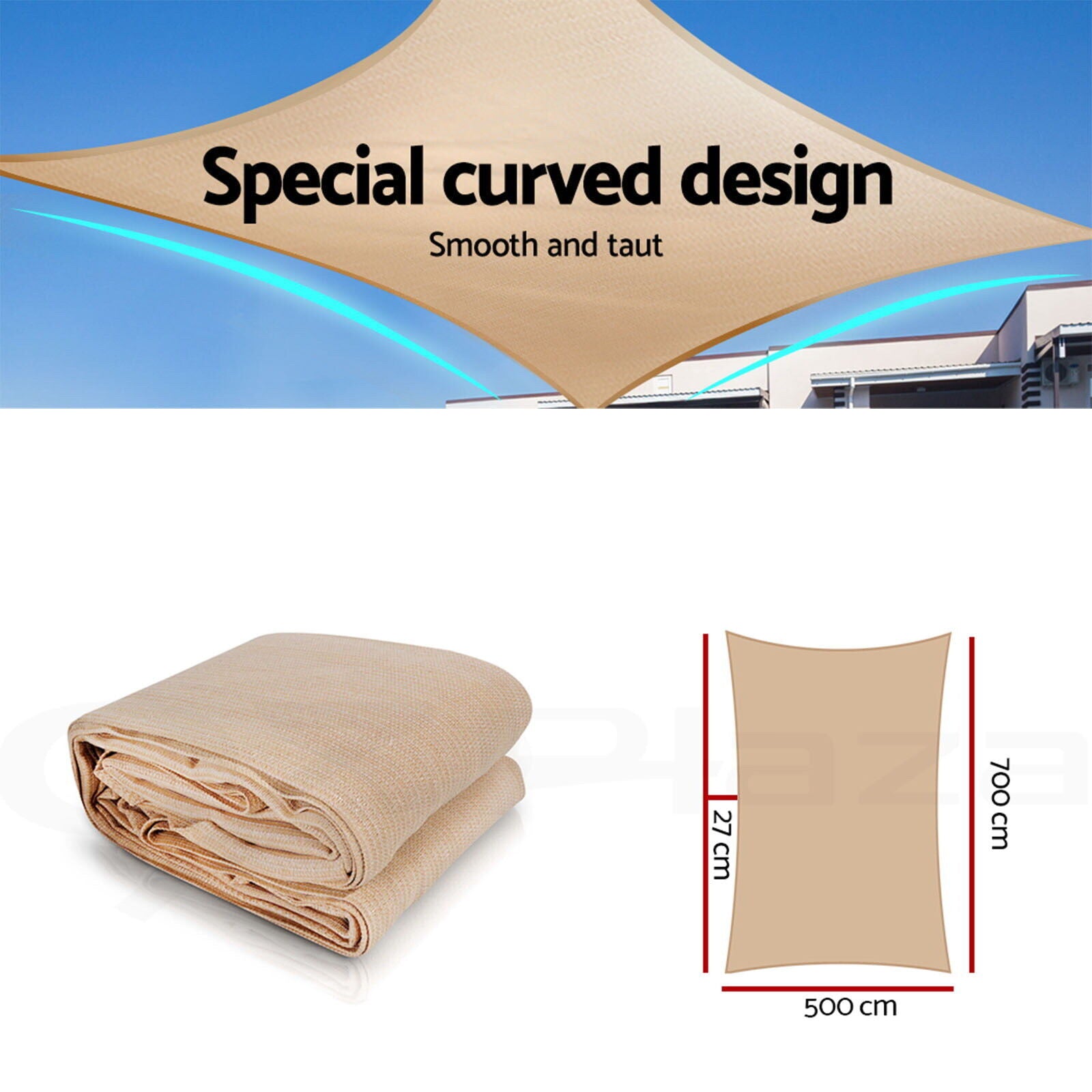 Instahut Shade Sail 5x7m Rectangle 280GSM 98% Sand Shade Cloth