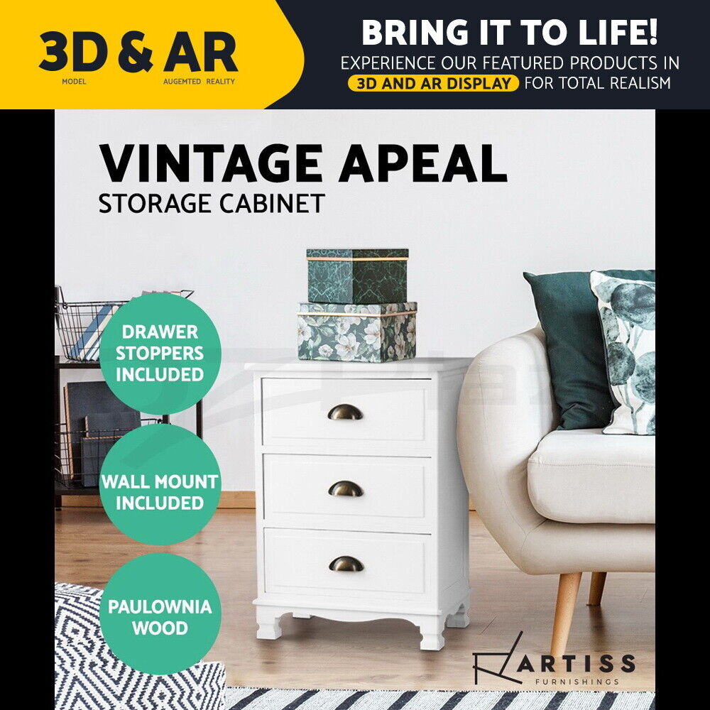 Artiss Bedside Table 3 Drawers Vintage - THYME White