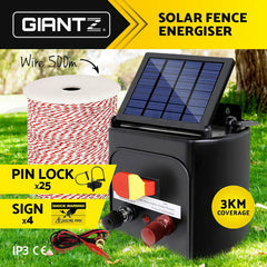 Giantz Fence Energiser 3KM Solar Powered Electric 500M Poly Wire Insulator