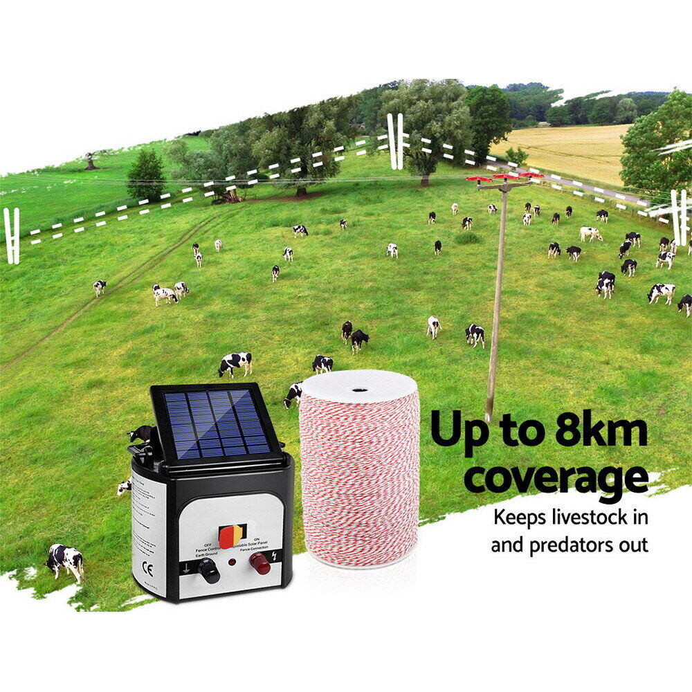Giantz Fence Energiser 8KM Solar Powered Electric 2KM Poly Wire