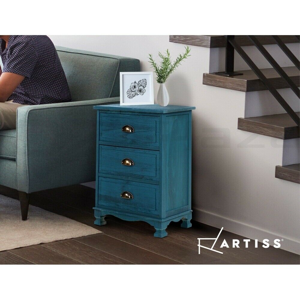 Artiss Bedside Table 3 Drawers Vintage - THYME Blue