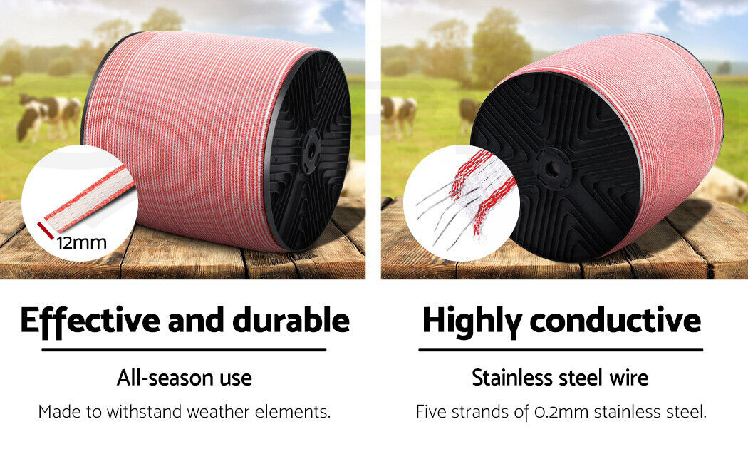 Giantz Fence Energiser 8KM Solar Powered Electric 1200M Poly Tape