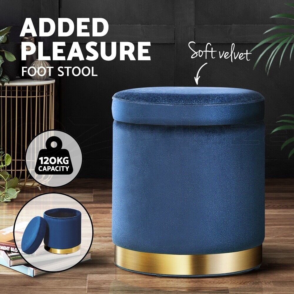 Artiss Ottoman Storage Foot Stool Round Velvet Navy