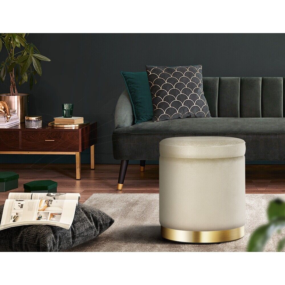 Artiss Ottoman Storage Foot Stool Round Velvet Cream