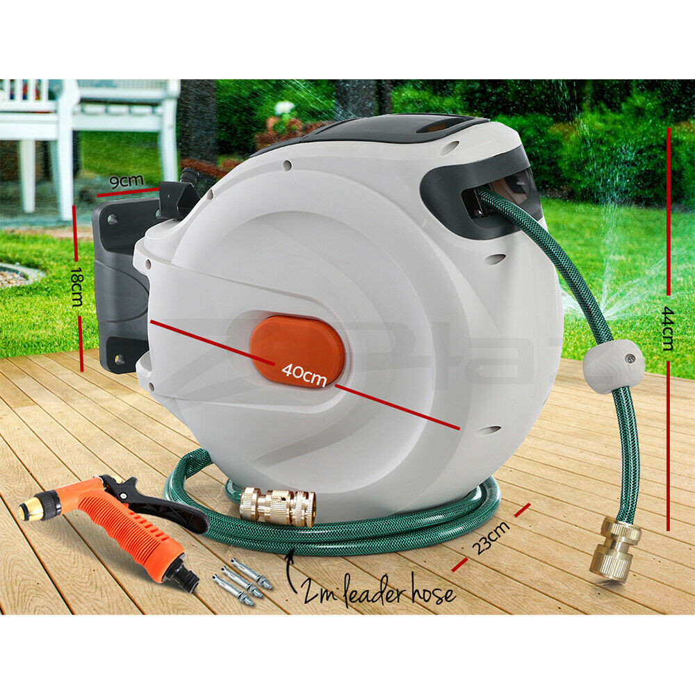 Green Fingers Water Hose Reel 30M Retractable Garden Brass Spray Gun Auto Rewind